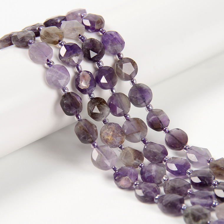 Amethyst, Mixed, Natural, Faceted, Hexagon Coin, One 10mm Strand