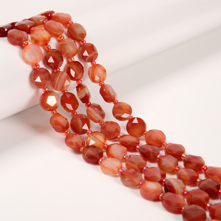 Carnelian, Heated, Faceted, Hexagon Coin, One 10mm Strand