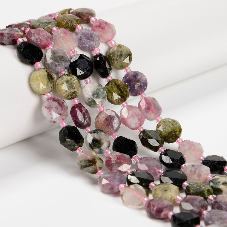 Tourmaline, Mix, Natural, Faceted, Hexagon Coin, One 10mm Strand