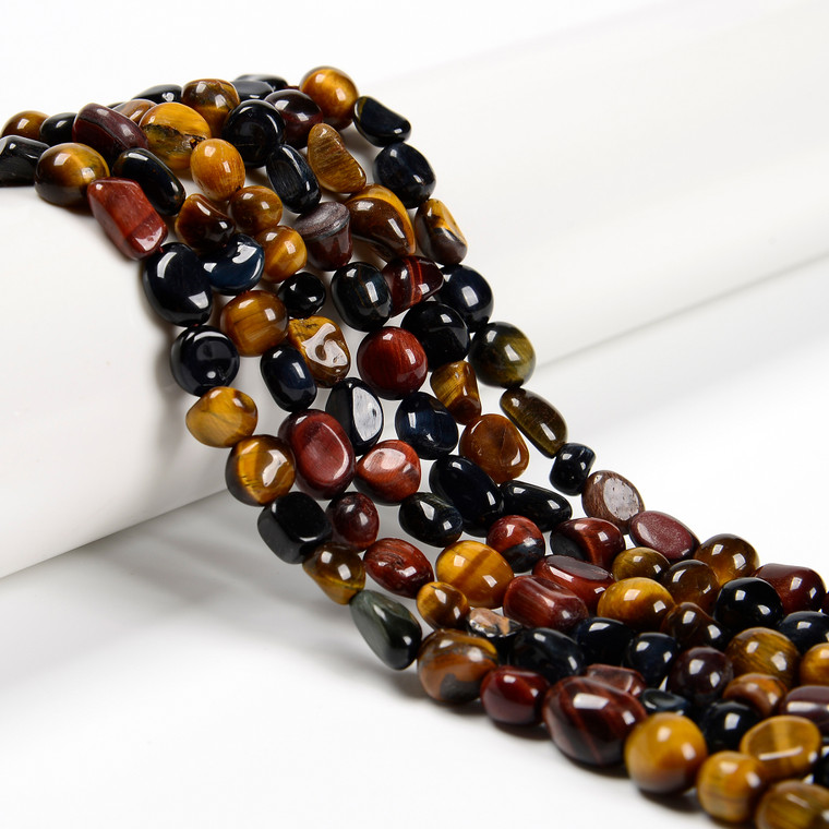 Tiger's Eye, Mix Color, Natural and Heated, Smooth, Nuggets, Varied Sizes, One 8-10mm Strand