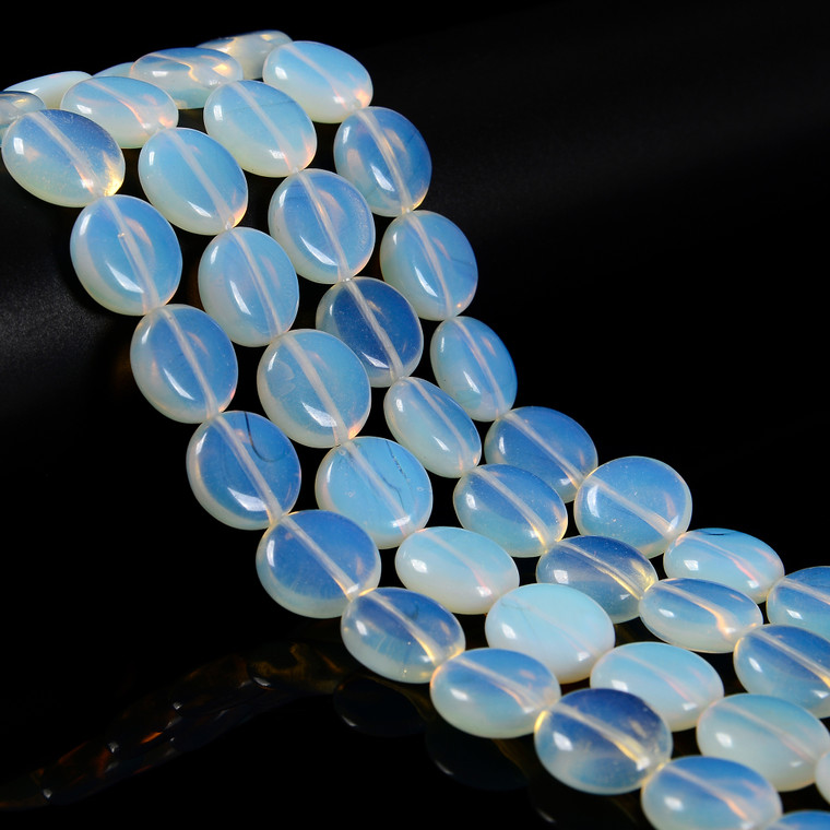 Opalite Glass, Smooth Coin, One 15mm Strand