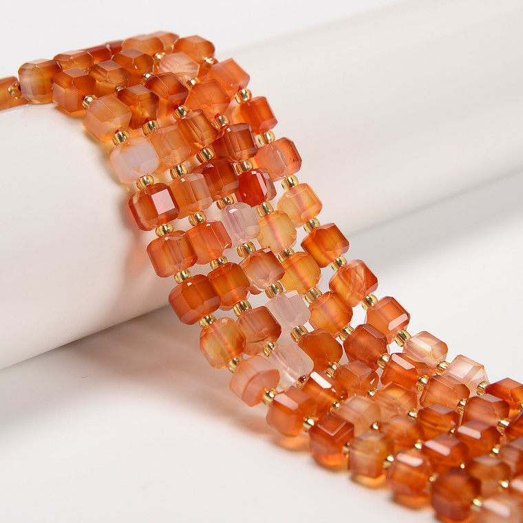Carnelian Agate, Mix, Fancy Faceted Cube Beads, One 6mm Strand.
