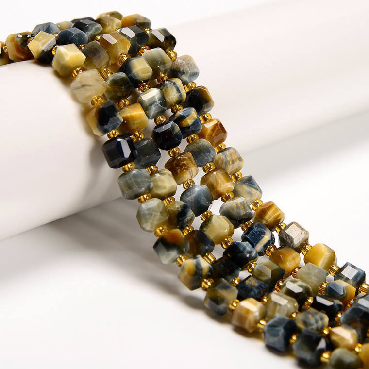 Tiger's Eye, Golden & Blue, Heated, Fancy Faceted Cube Beads, One 6mm Strand