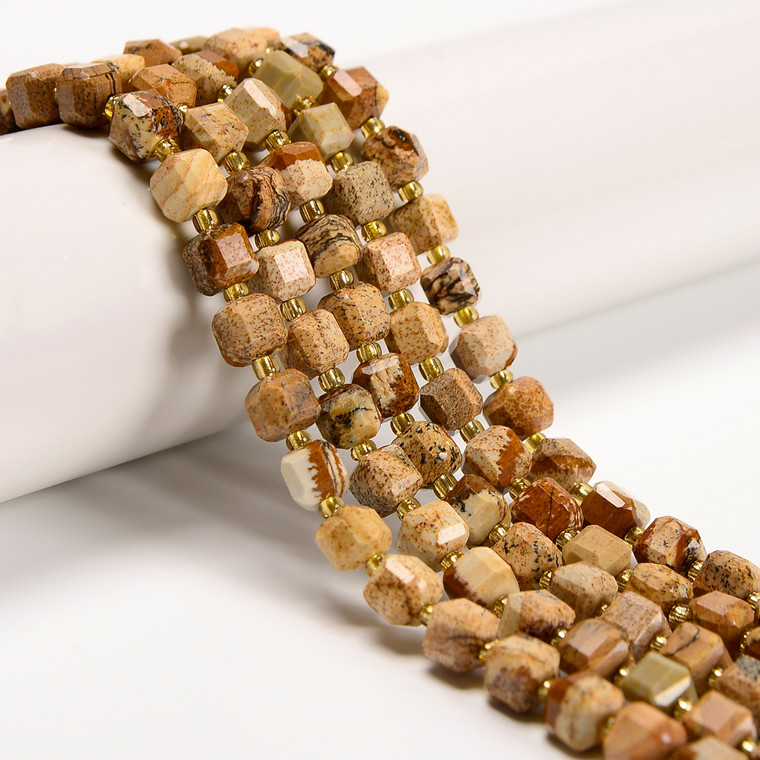 Picture Jasper, Natural, Fancy Faceted Cube Beads, One 6mm Strand