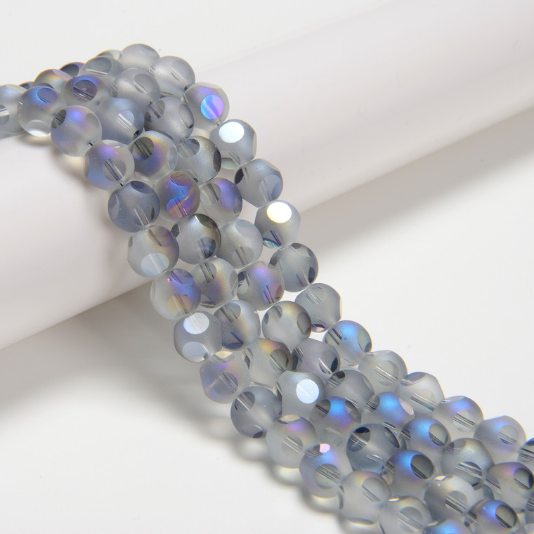 Transparent Blue Flare, Smooth Round, Window Cut Glass, One 8mm Strand