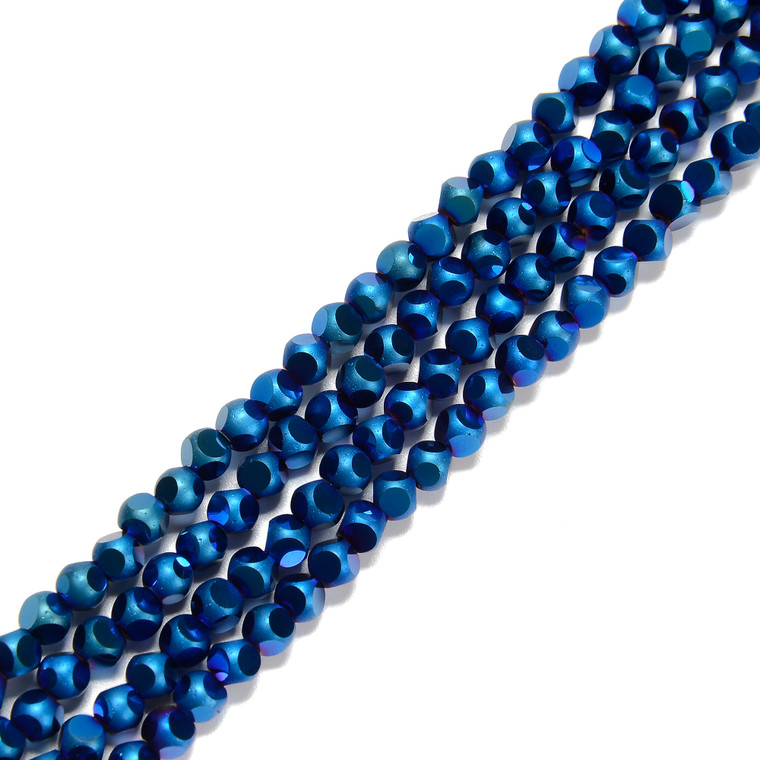 Blue Flare, Smooth Round, Window Cut Glass, One 4mm Strand