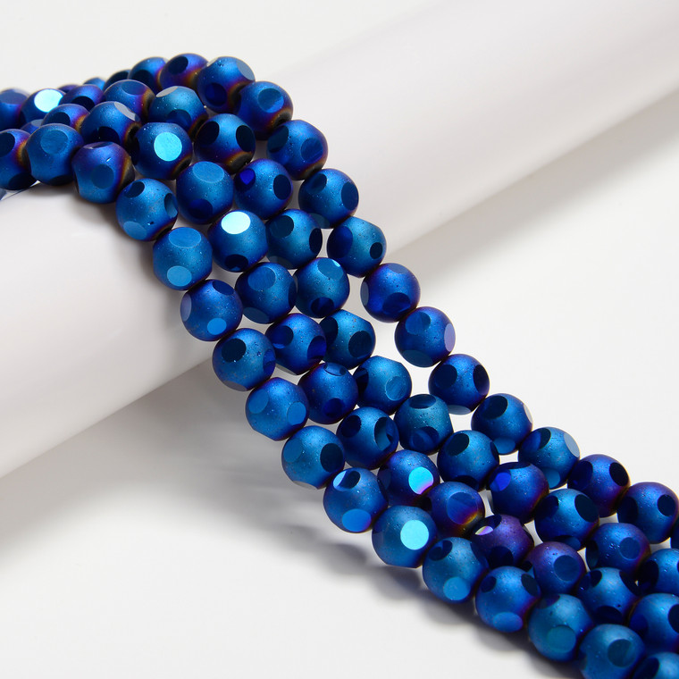 Blue Flare, Smooth Round, Window Cut Glass, One 8mm Strand