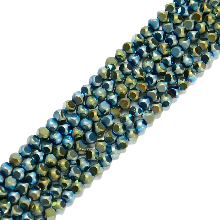 Blue/Green Flare, Smooth Round, Window Cut Glass, One 4mm Strand