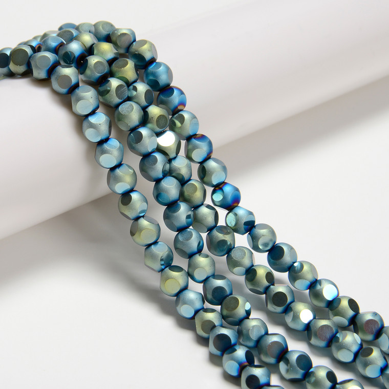 Blue/Green Flare, Smooth Round, Window Cut Glass, One 8mm Strand