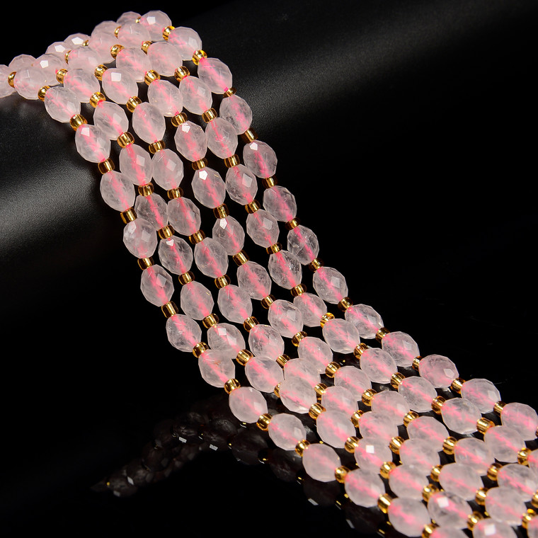 Rose Quartz, Natural, Faceted Rice Beads, One 6x8mm Strand