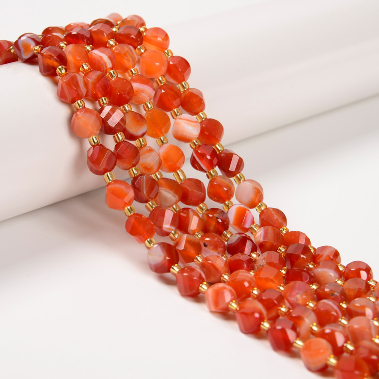 Red Striped Agate, Dyed, Faceted Twisted Helix Beads, One 8mm Strand 