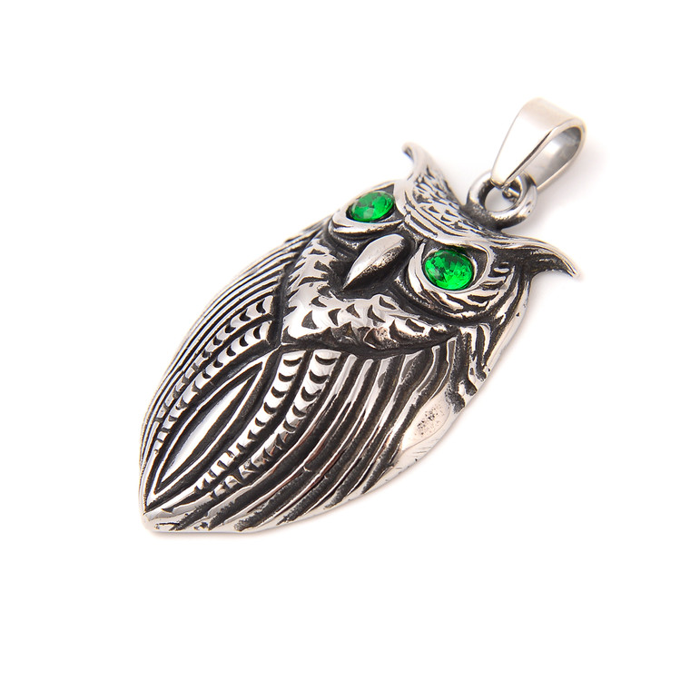 Owl Pendant, Green Eyes, Stainless Steel, 29x48mm