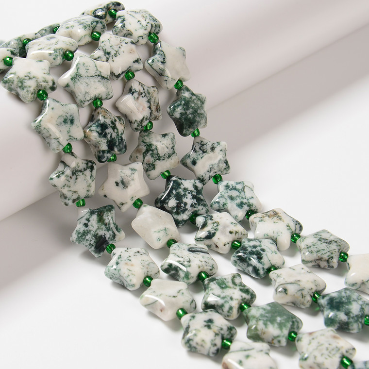 Tree Agate, Natural, Smooth, Stars, One 15mm Strand