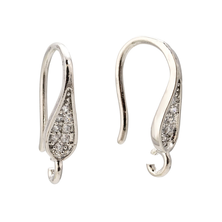 Ear Wires, 16mm, 20 gauge, Silver Plated over Copper with Crystal, 1 pair