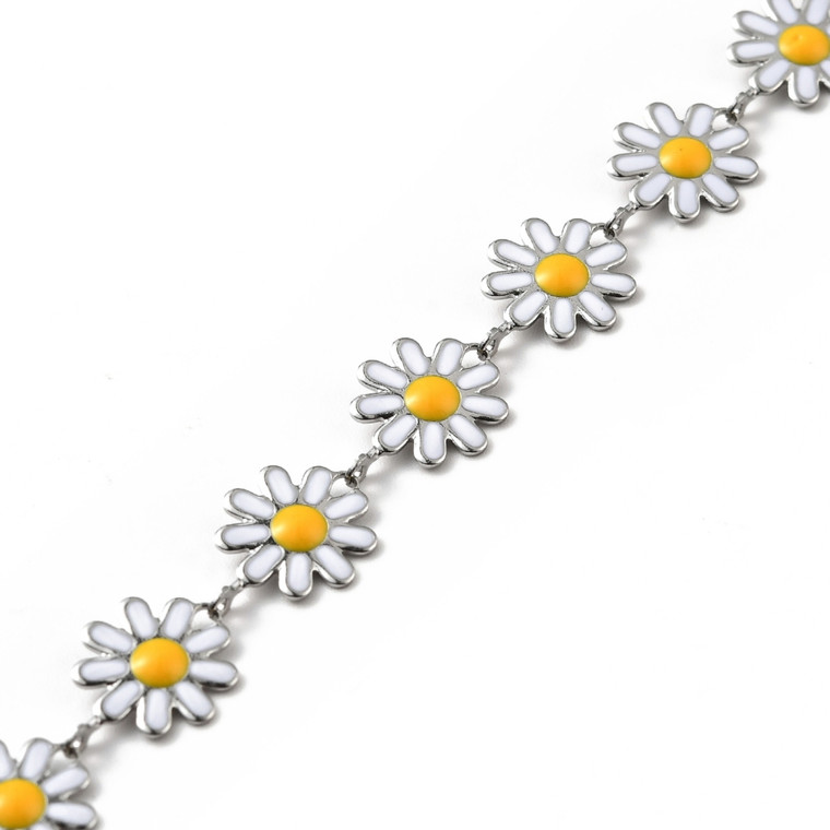 Stainless Steel Chain, 10mm, Flower w/ Enamel, White, 3.3 ft.