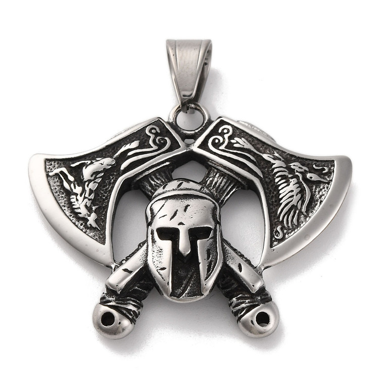 War Helmet & Axes Pendant, Stainless Steel, 39x48mm