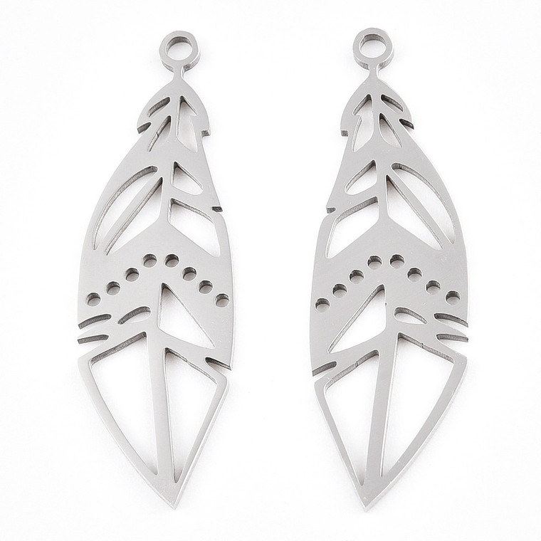 Stainless Steel, Cutout, Feather, 33x10mm, 2 PCS