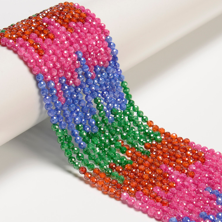 Cubic Zirconia, Multicolor, Dyed, Lab-Created, Faceted Round, One 3mm Strand