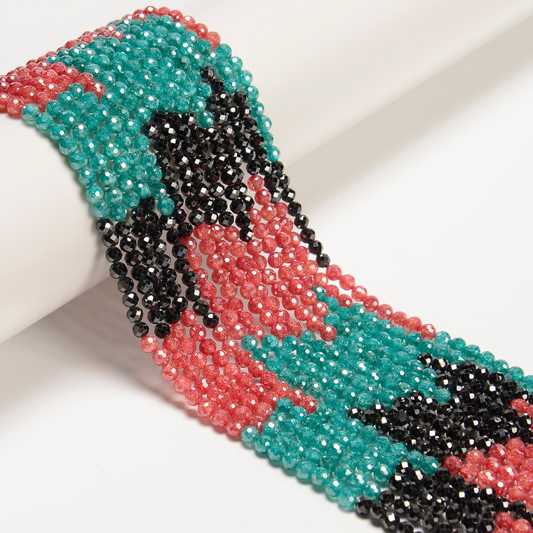 Cubic Zirconia, Tricolor, Dyed, Lab-Created, Faceted Round, One 3mm Strand