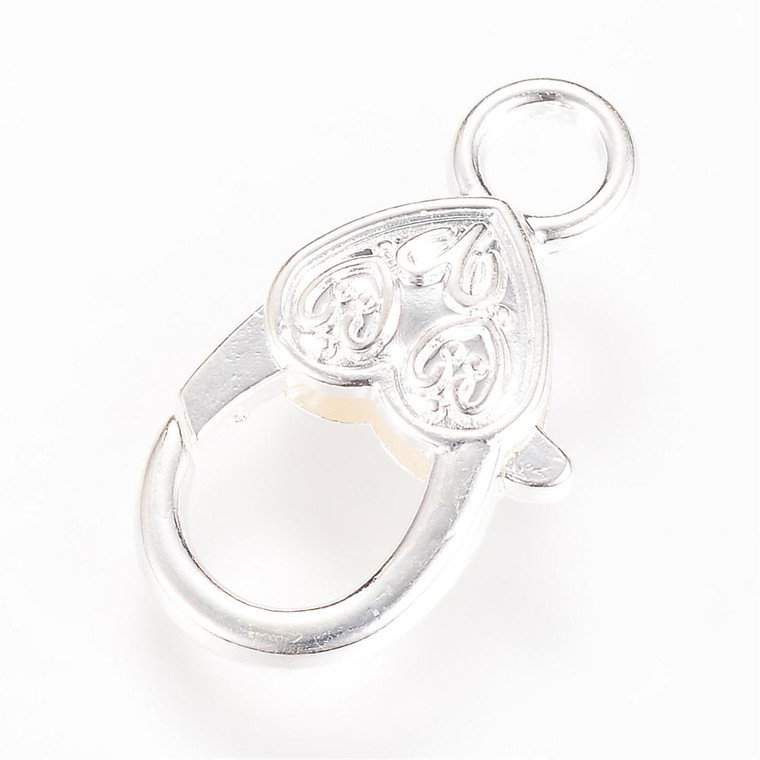 Lobster Claw Clasp, Heart, 27x14mm, Shiny Silver Plated Alloy, 6 PCS