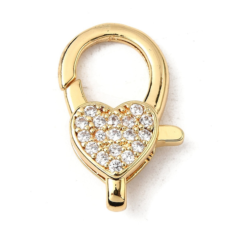 Lobster Claw Clasp, Heart, 22x14mm, Brass, 18K Gold Plated, Cubic Zirconia, 1 PC