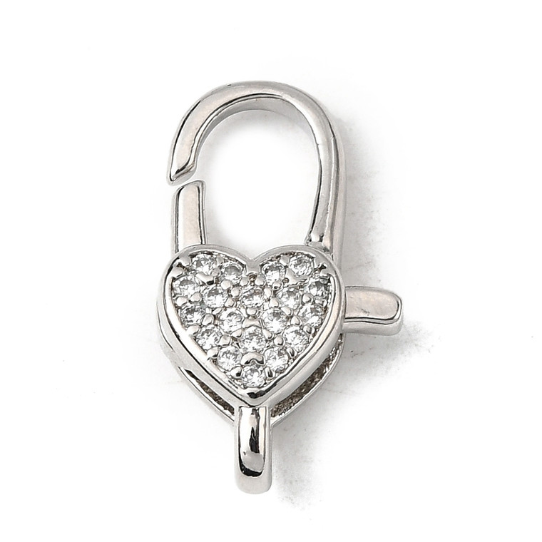Lobster Claw Clasp, Heart, 20x12mm, Brass, Platinum Plated, Cubic Zirconia, 1 PC