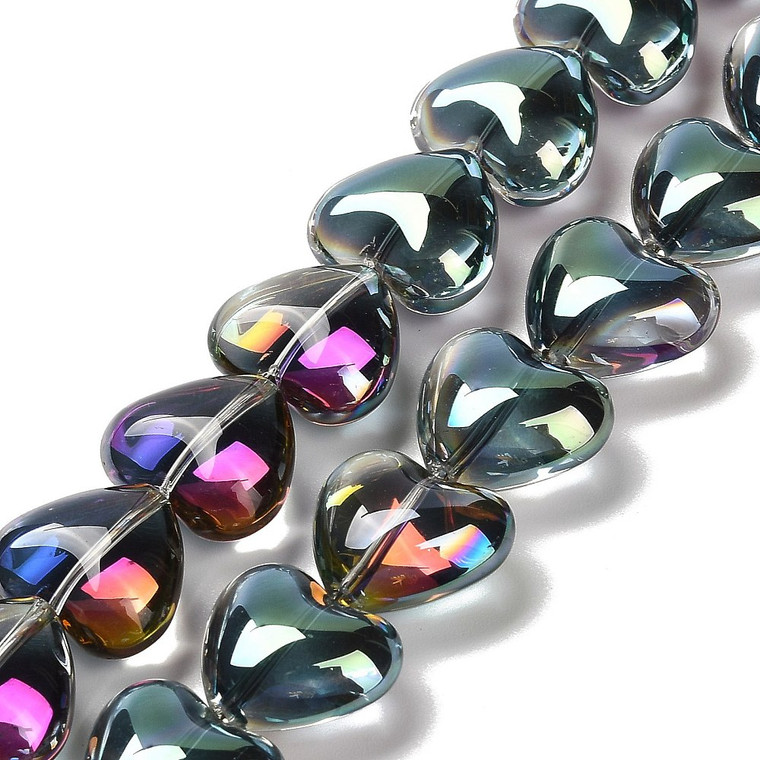 Electroplate Glass, Hearts, 12x15x8mm, Green Rainbow, One 24" Strand