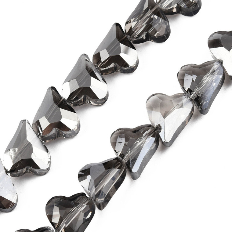 Electroplate Glass Beads, Faceted, Hearts, 12x10mm, Half Plated, Smoke Grey, 20 PCS