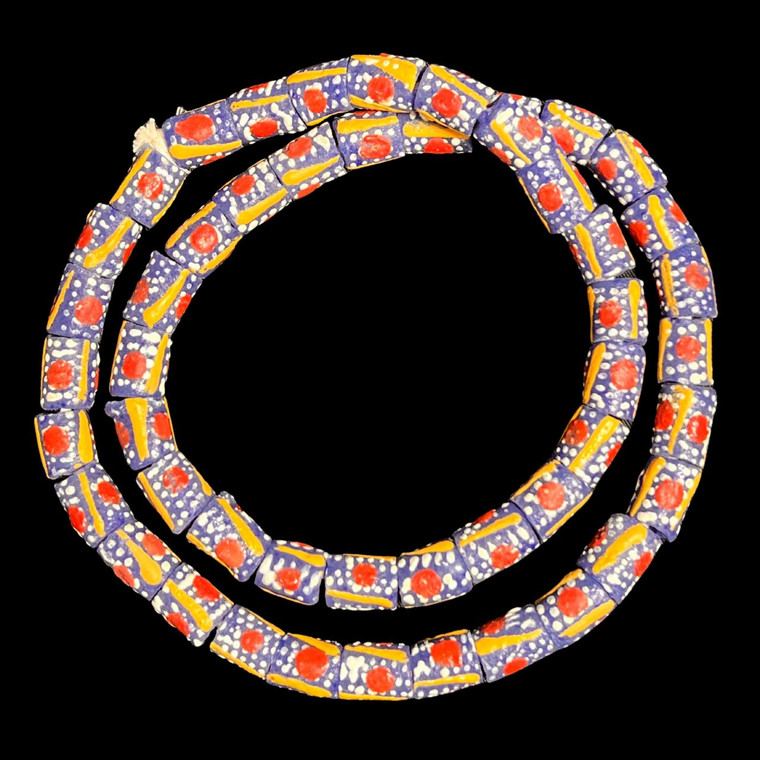 African Glass, Krobo, Blue & Orange, Red & White Dots, 15x12mm, 24in Strand