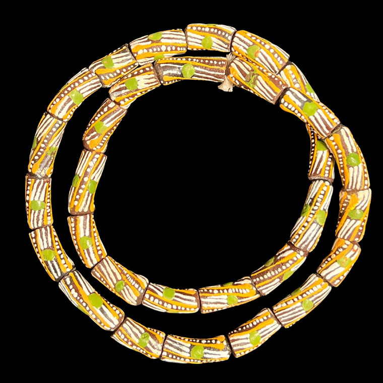 African Glass, Krobo, Brown, Orange & White, Green Dots, 28x11mm, 24in Strand