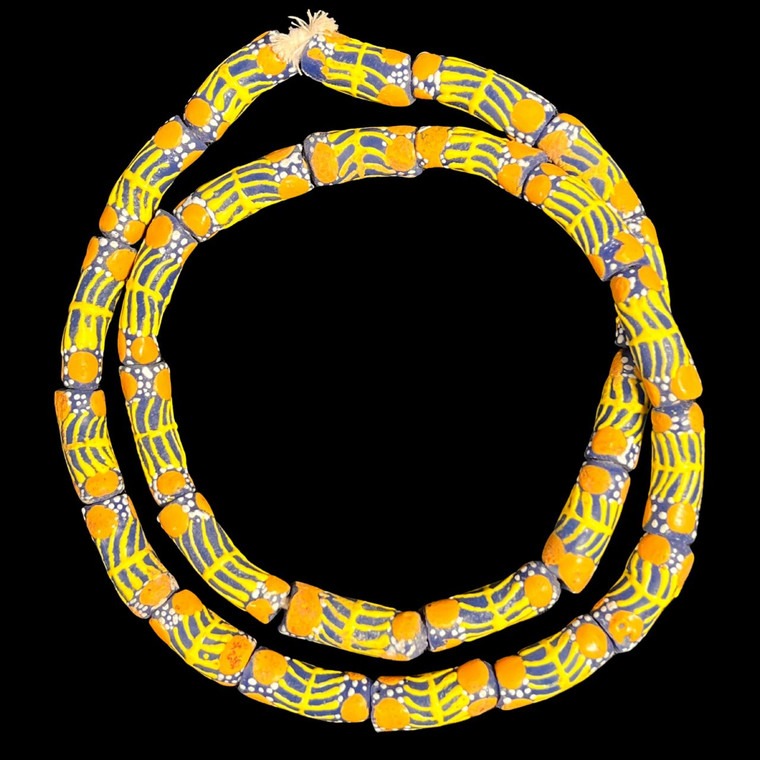 African Glass, Krobo, Blue & Yellow, Orange Dots, 26x10mm, 24in Strand