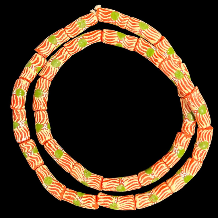 African Glass, Krobo, Red & White, Green Dots, 26x10mm, 24in Strand