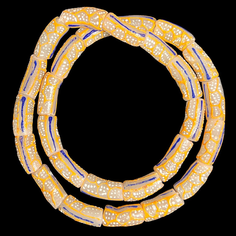 African Glass, Krobo, White, Yellow & Blue, 32x15mm, 24in Strand