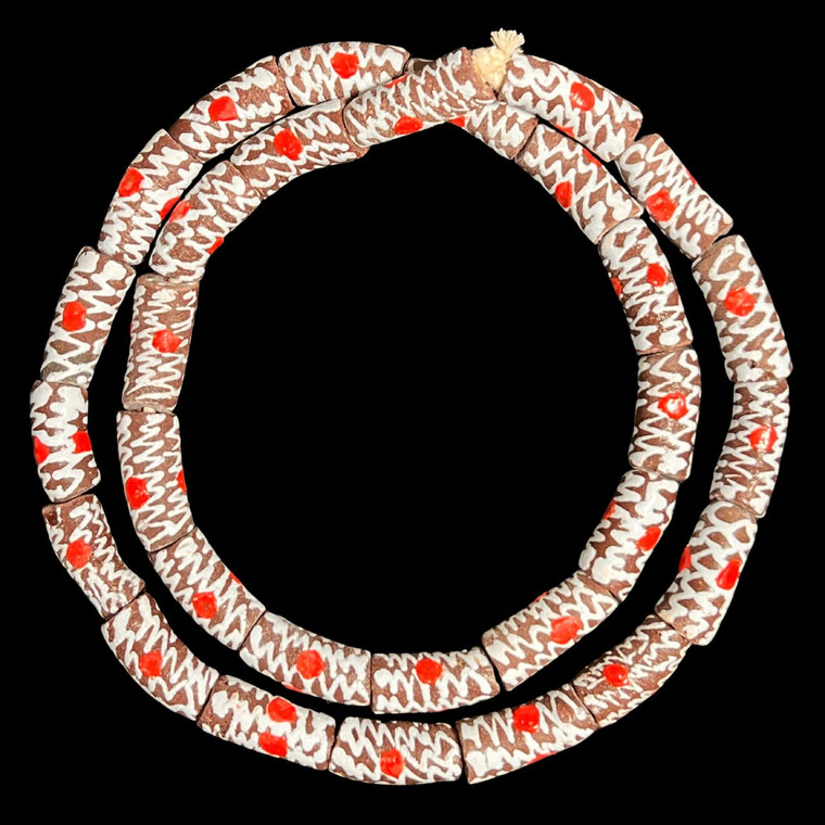 African Glass, Krobo, Brown & White, Red Dots, 28x11mm, 24in Strand