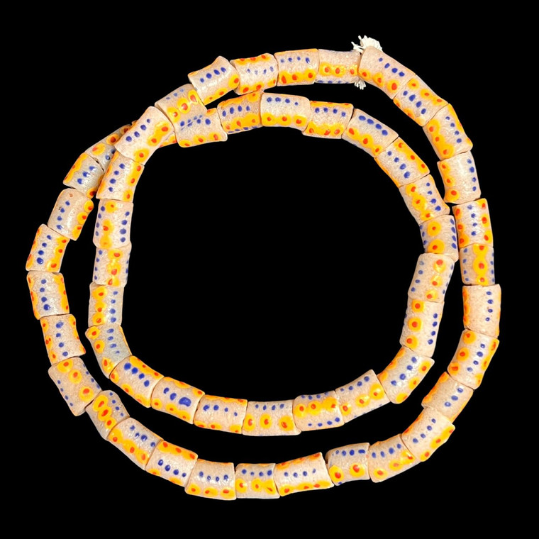 African Glass, Krobo, Beige, Blue, Red & Orange Dots, 15x11mm, 24in Strand