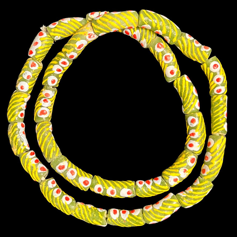 African Glass, Krobo, Green & Yellow, White & Red Dots, 26x12mm, 24in Strand