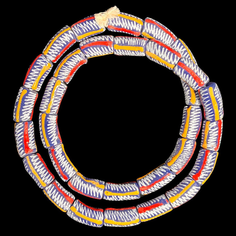 African Glass, Krobo, Blue & White, Red & Orange Stripes, 26x13mm, 24in Strand