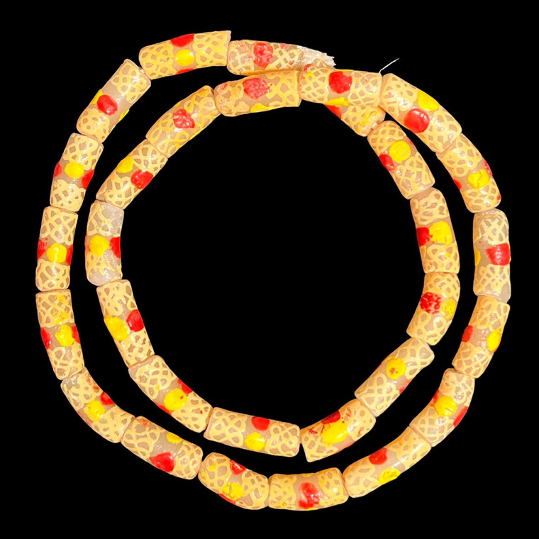 African Glass, Krobo, Beige, Yellow & Red Dots, 28x11mm, 24in Strand