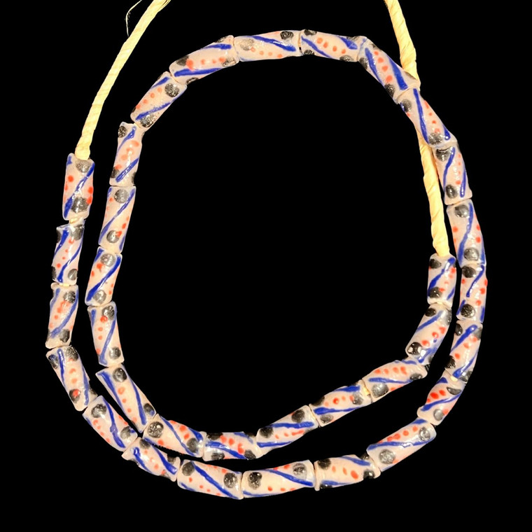 African Glass, Krobo, White, Black Spots, 17x7mm, 22in Strand