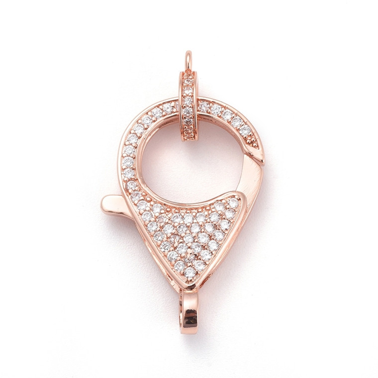 Lobster Claw Clasp, With Bail, 27x17mm, Brass, Rose Gold Color, Cubic Zirconia, 1 Set