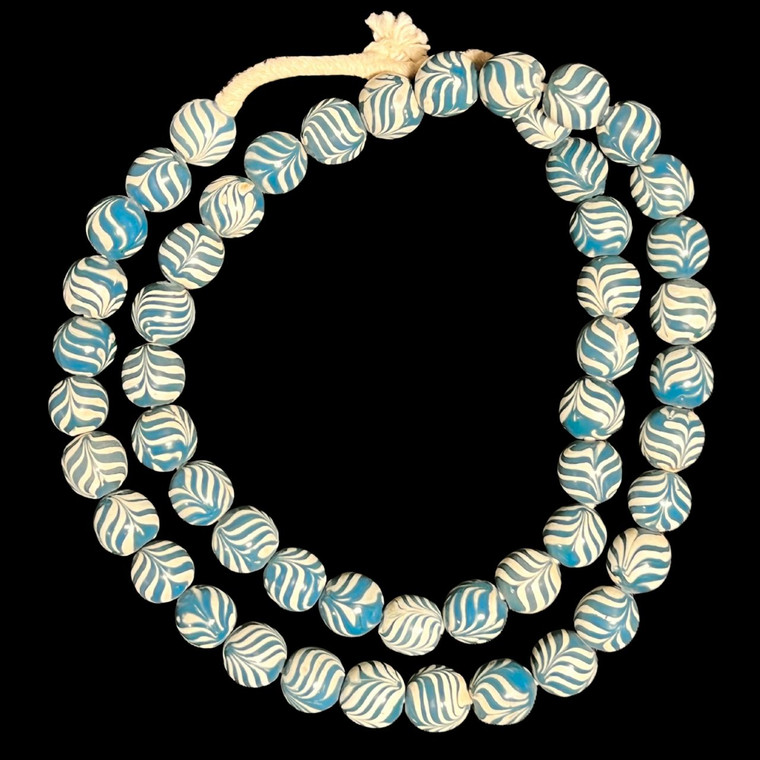 Indonesian Java Glass, Round, Feather, Blue, 16mm, 30in Strand