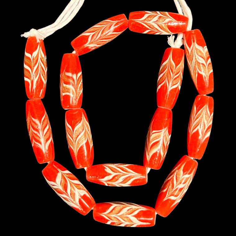 Indonesian Java Glass, Feather, Faceted, Red, 30x11mm, 16in Strand