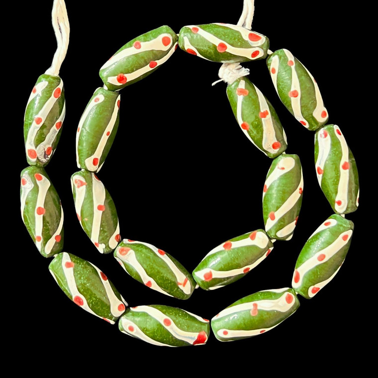 African Glass, Spiral, Green, 27x12mm, 18in Strand