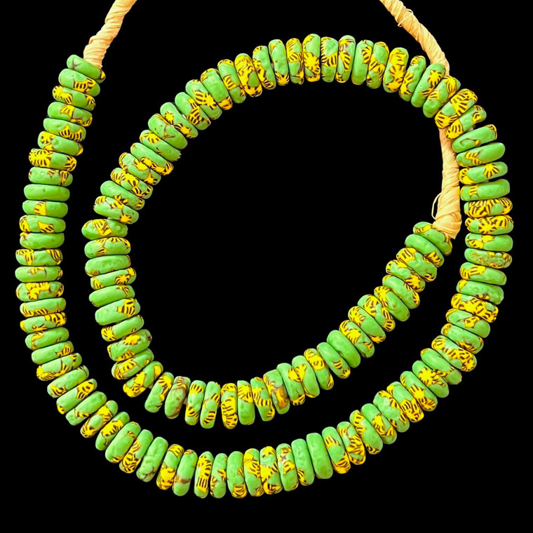 African Glass, Ghanaian, Fused Rondelle, Green & Yellow, 11x4mm, 20in Strand