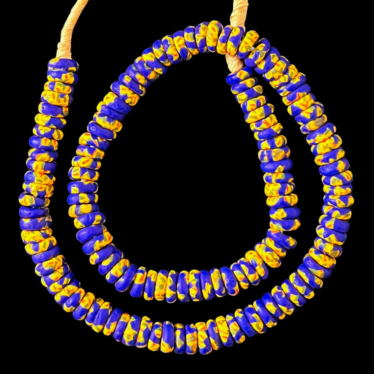 African Glass, Ghanaian, Fused Rondelle, Blue & Yellow, 11x4mm, 20in Strand