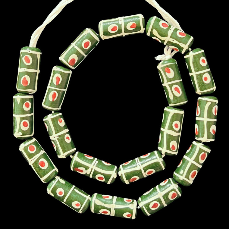 Indonesian Java Glass, Tic Tac Toe, Green, 25x11mm, 18in Strand
