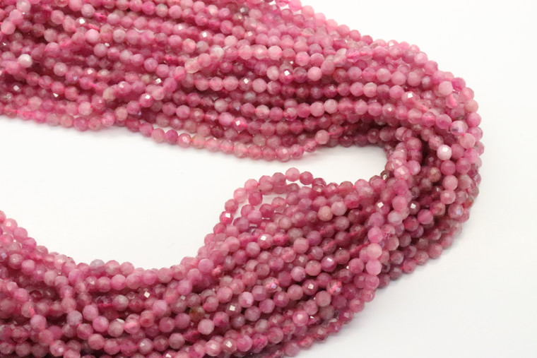 Tourmaline, Pink, Faceted Round, 3mm, One Strand