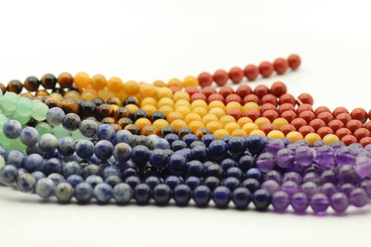 Chakra, Mixed Stone, Natural & Heated, Smooth Round in sizes 4mm, 6mm, 8mm & 10mm. Priced Per Strand