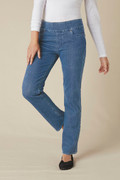 Knit Denim Mid Rise Straight-Leg Jeans