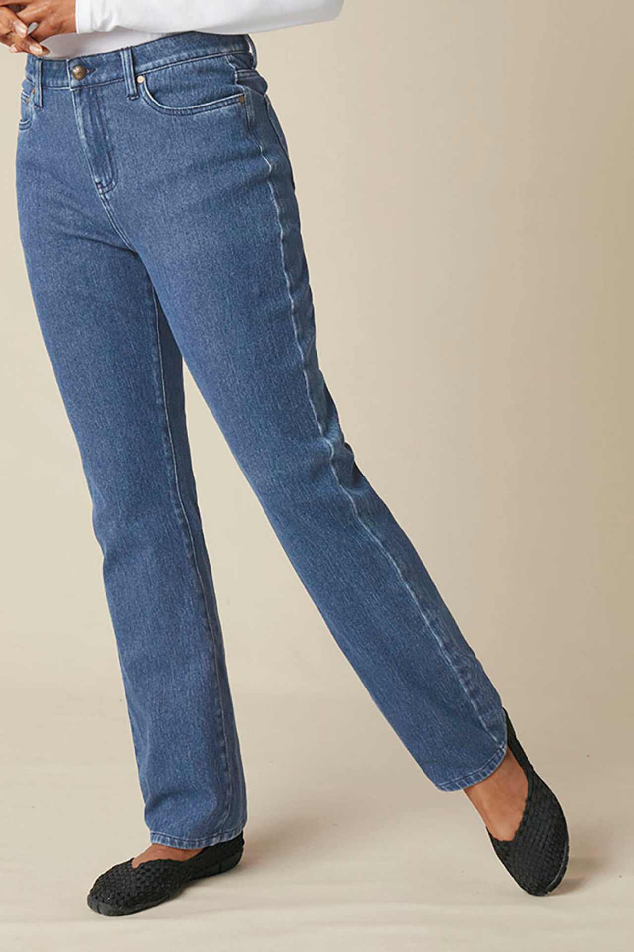 Knit Denim High Rise Straight-Leg Jeans